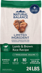 Natural Balance empaque frontal Lamb & Brown Rice mostrando fórmula limitada y beneficios