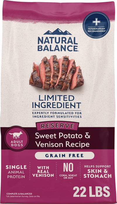 Natural Balance frente del empaque mostrando fórmula Reserve Sweet Potato & Venison y confianza
