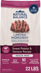 Natural Balance frente del empaque mostrando fórmula Reserve Sweet Potato & Venison y confianza
