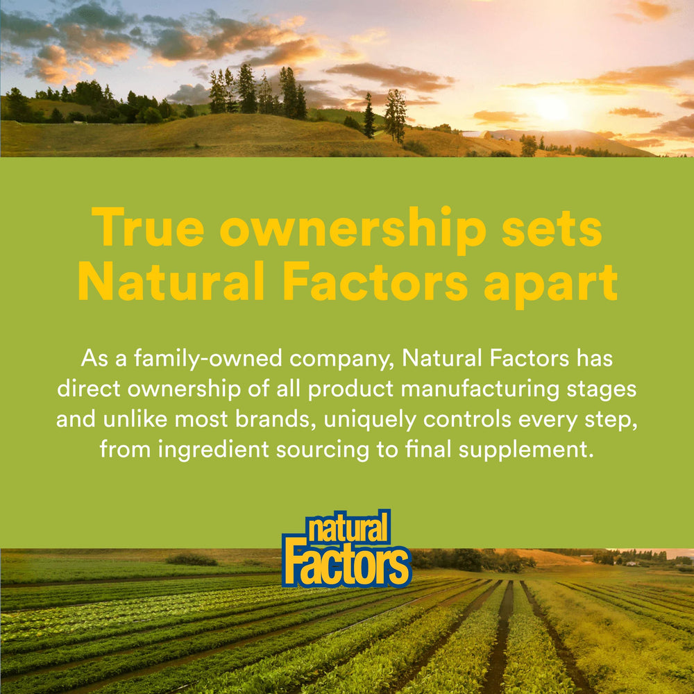Natural Factors tableta en mano para comparar tamaño, dosificación práctica y portable