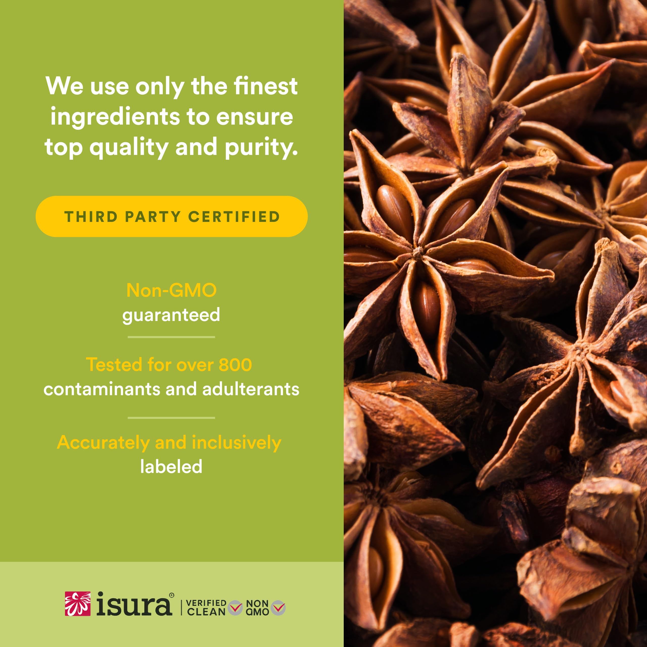 Natural Factors etiqueta con ingredientes y certificados, transparencia y pruebas ISURA