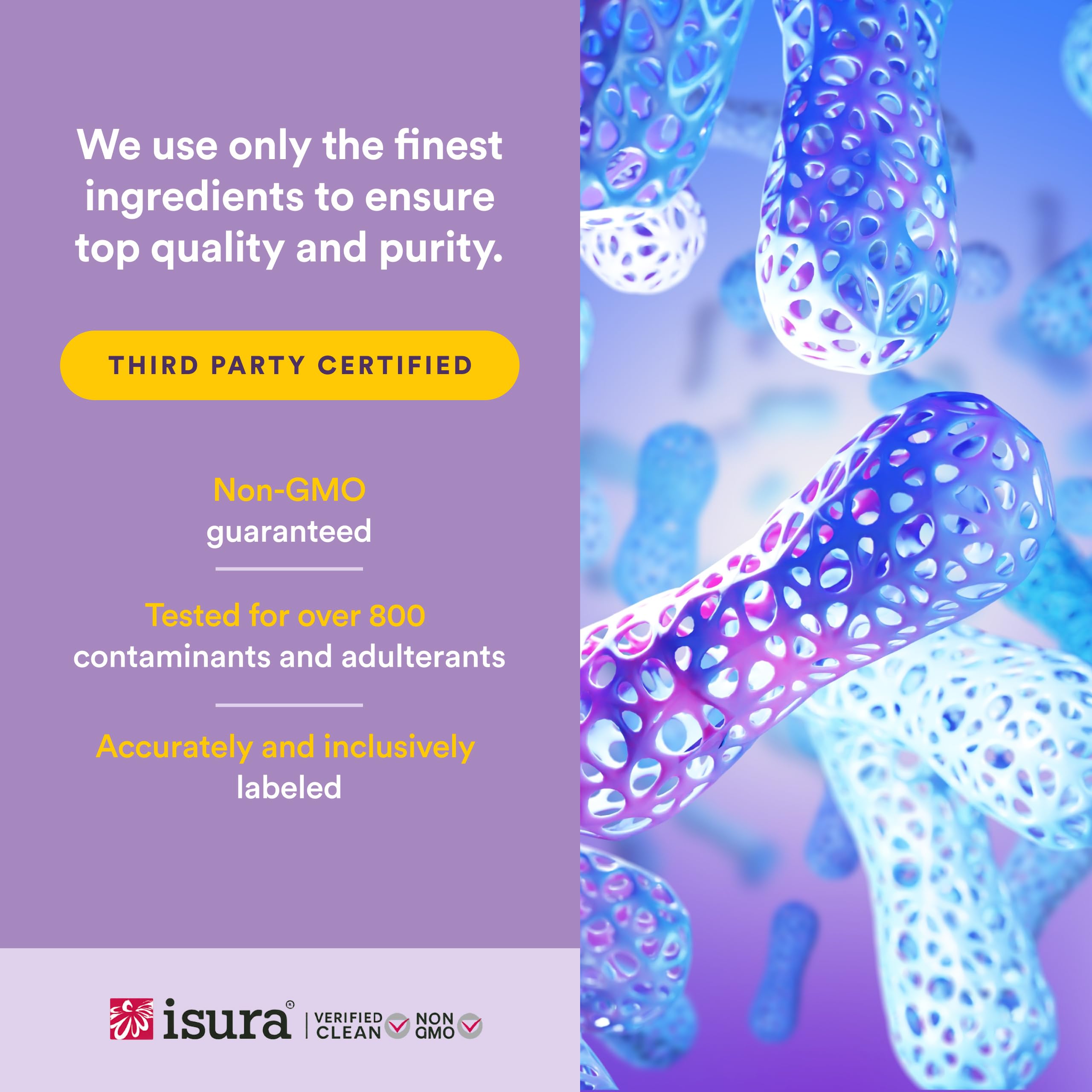 Natural Factors etiqueta con información nutricional y pruebas ISURA de pureza