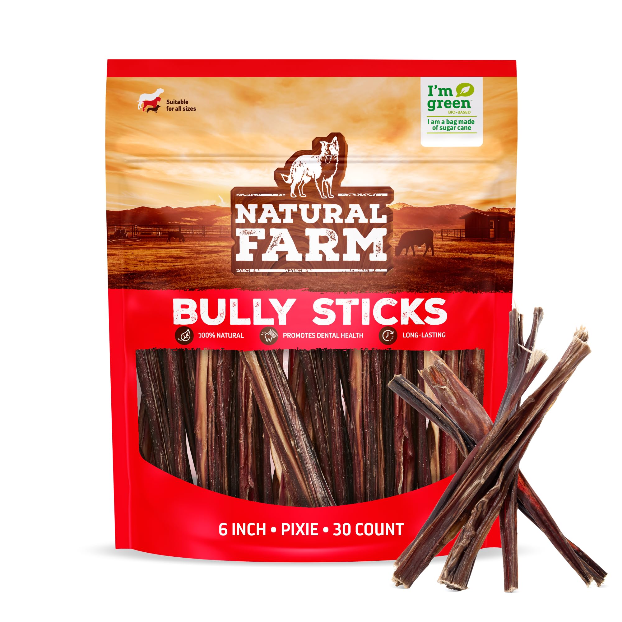 Natural Farm front packaging showing 30-pack pixie bully sticks and benefits