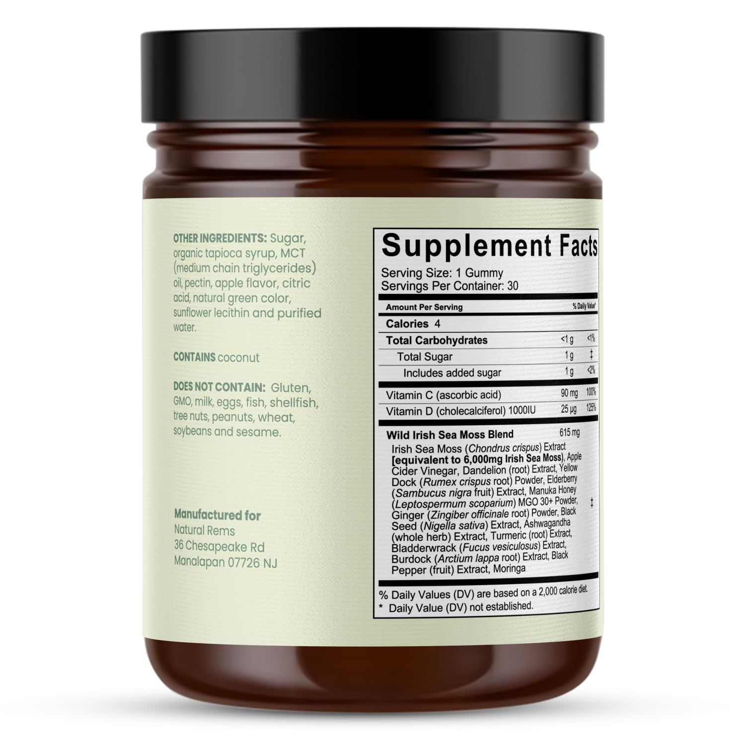 Natural Rems ingredientes naturales exhibidos: sea moss y raíces