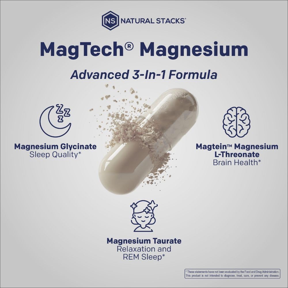 Natural Stacks MagTech bottle beside ingredient list representing triple magnesium blend