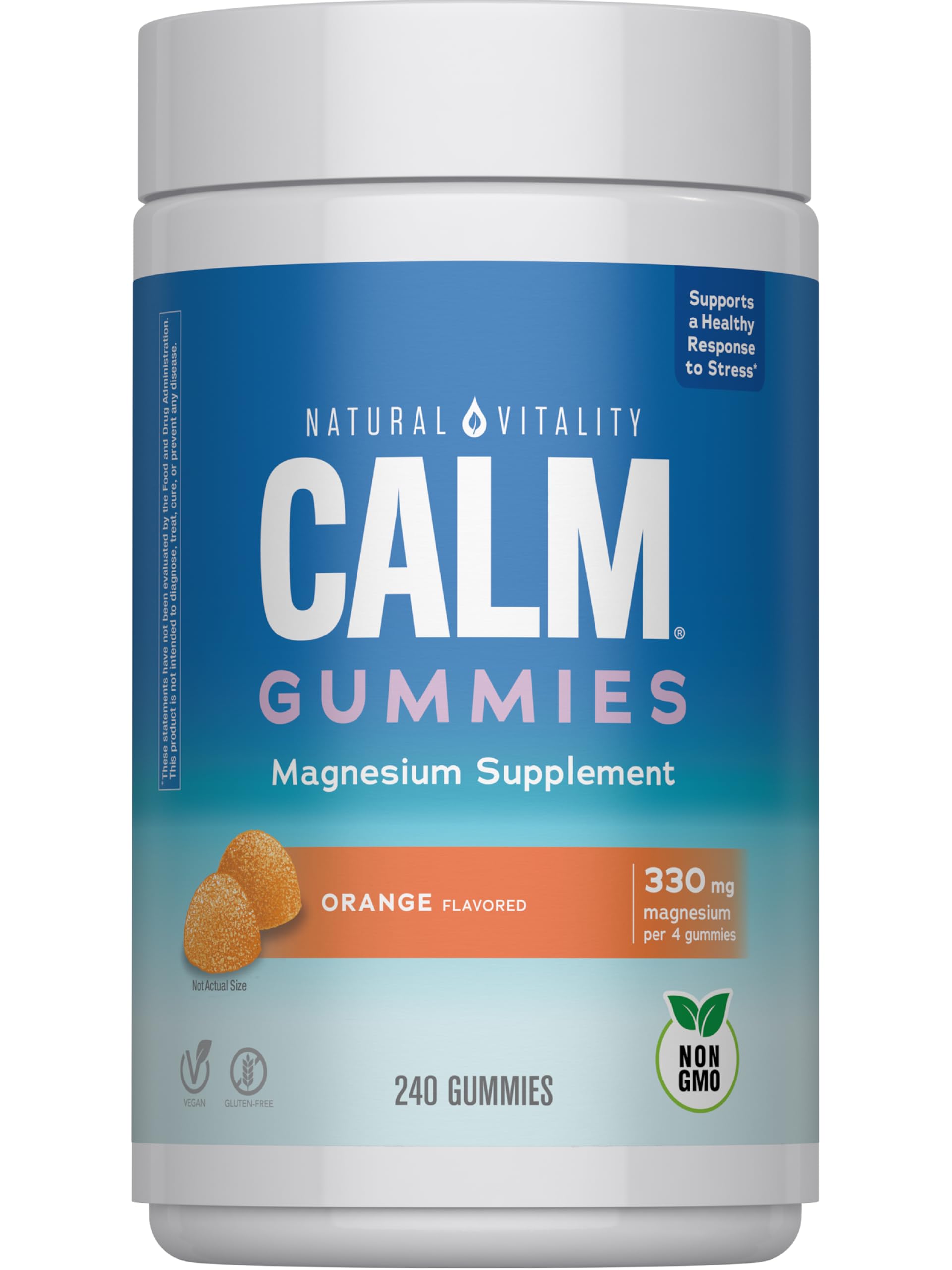 Natural Vitality CALM packaging frontal con gominolas naranjas, beneficio conveniencia familiar