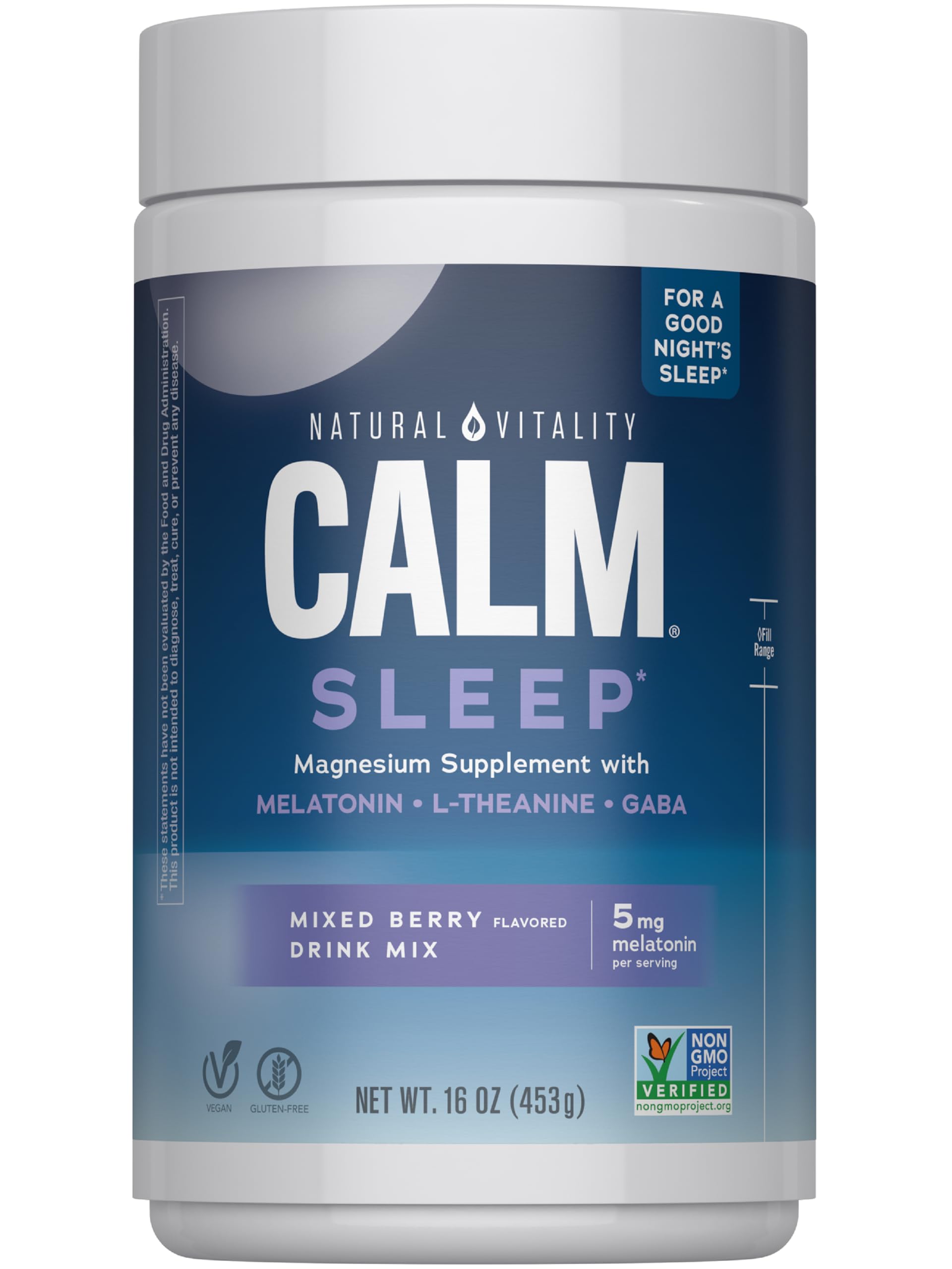 Natural Vitality Calm Sleep frontal del envase mostrando la etiqueta y sabor fruta mixta, calmante