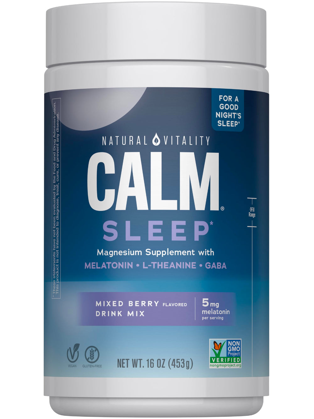 Natural Vitality Calm Sleep frontal del envase mostrando la etiqueta y sabor fruta mixta, calmante