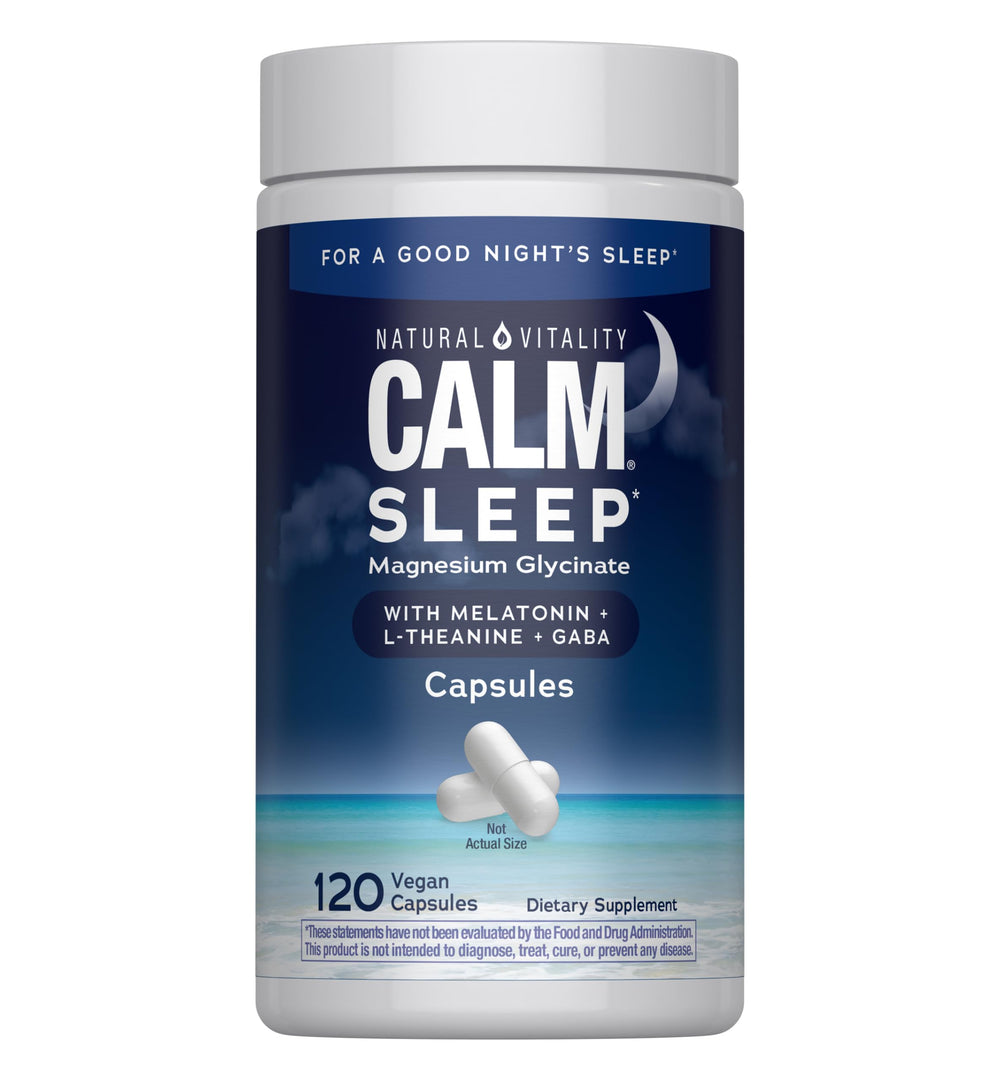 Natural Vitality frasco Calm Sleep mostrando etiqueta y beneficios