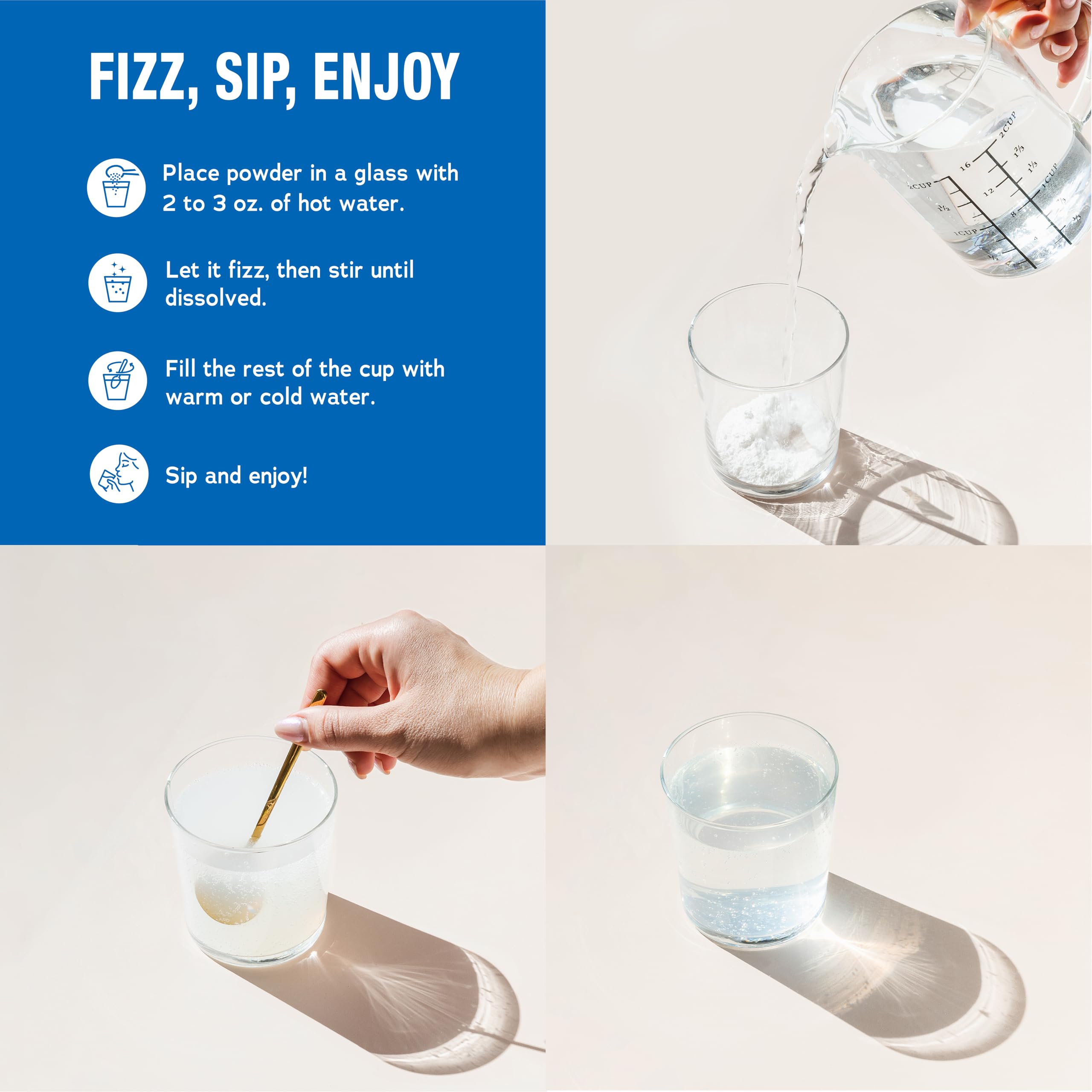 Natural Vitality vaso con MaxCalm disuelto ilustrando bebida efervescente lista para consumir