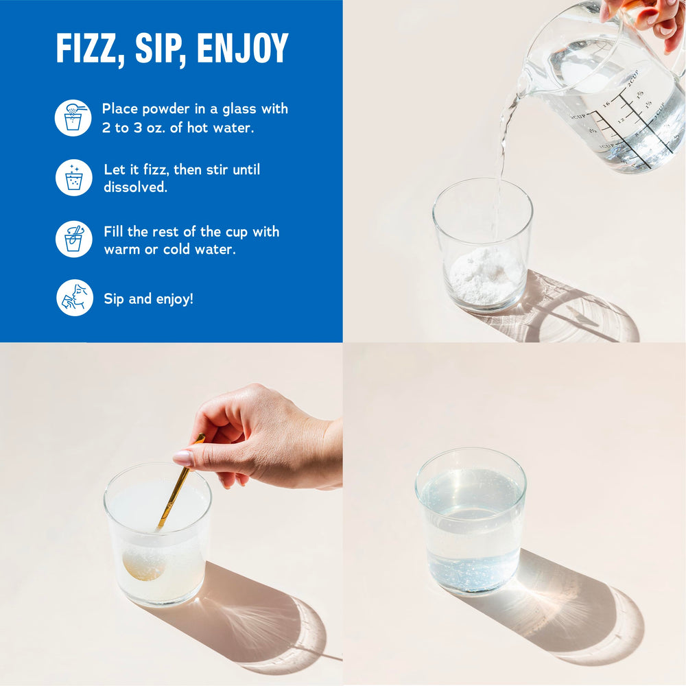 Natural Vitality vaso con MaxCalm disuelto ilustrando bebida efervescente lista para consumir