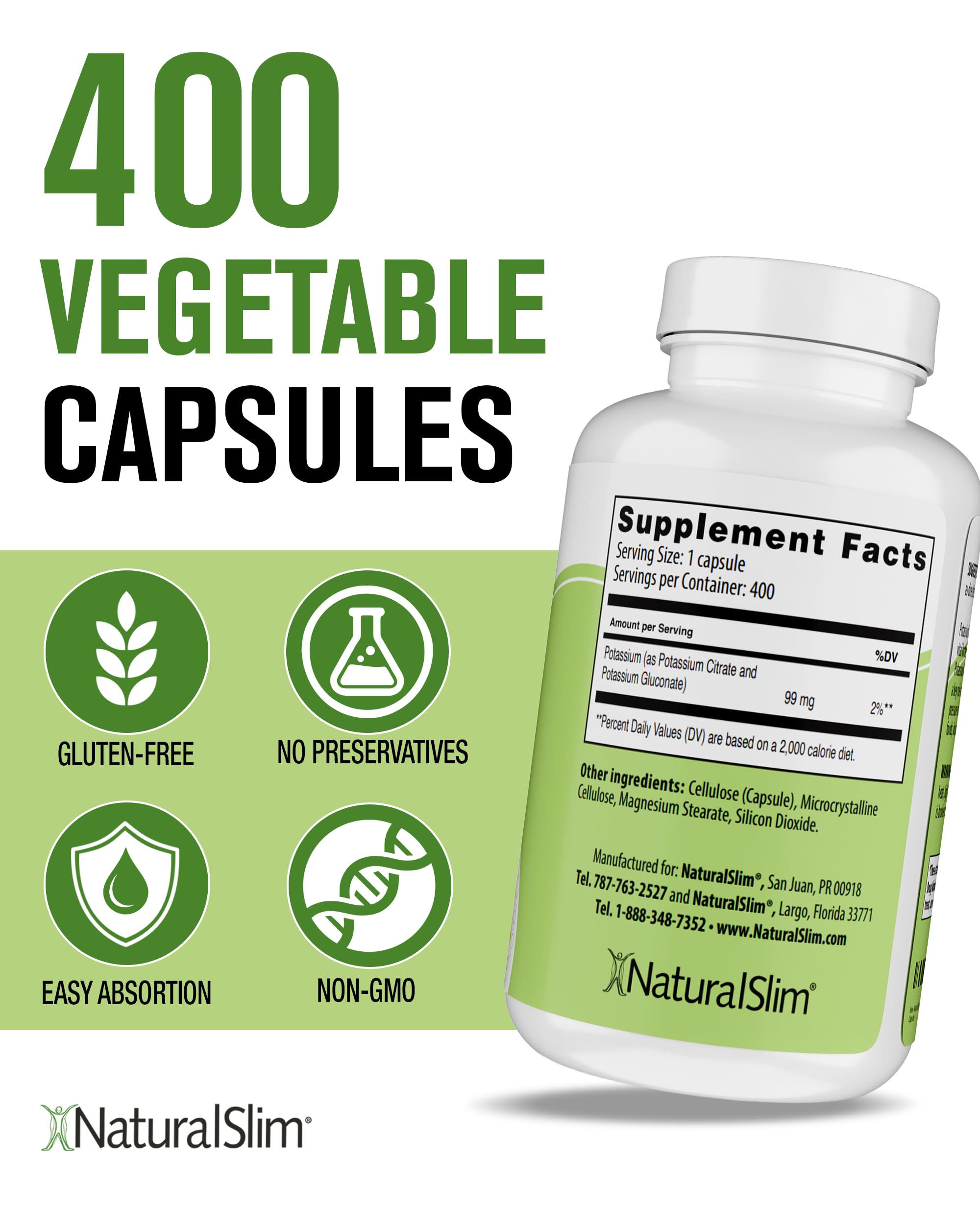 NaturalSlim etiqueta nutricional con información clara de potasio por cápsula