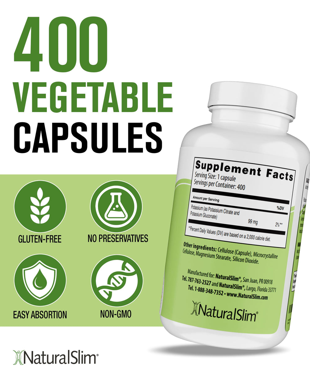 NaturalSlim etiqueta nutricional con información clara de potasio por cápsula