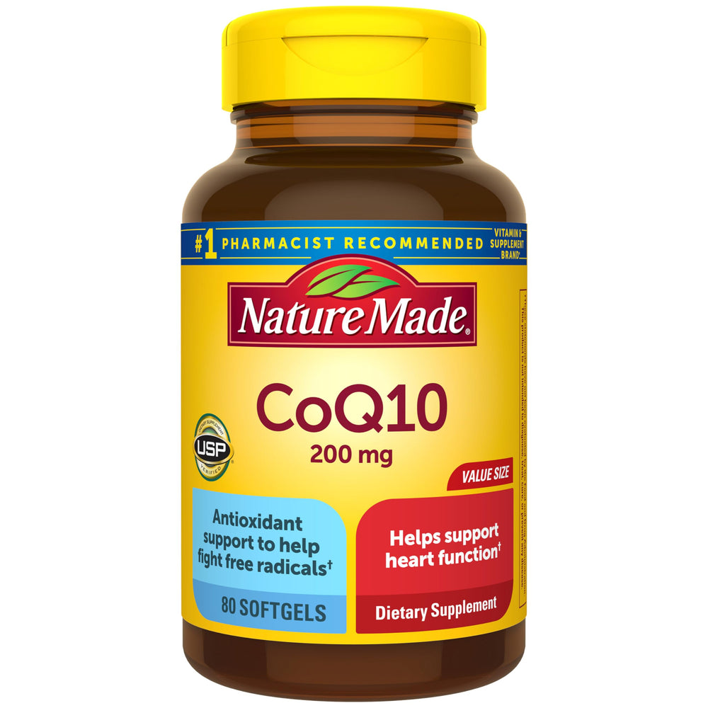 Nature Made frontal del frasco mostrando 80 cápsulas y beneficios de apoyo