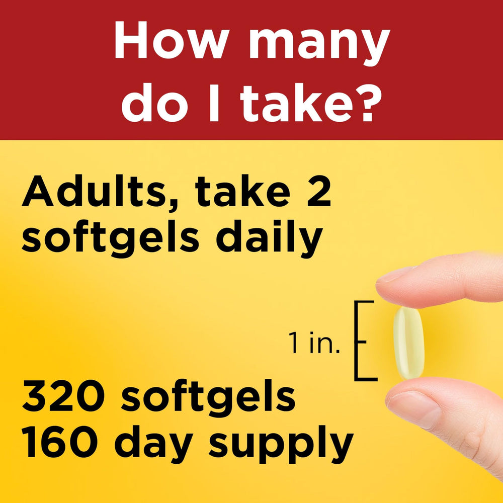 Nature Made fish oil bottle next to ruler showing 320 count size and long supply benefit