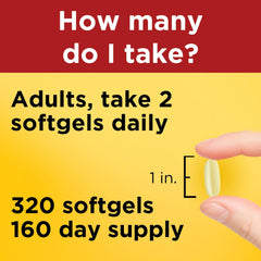 Nature Made fish oil bottle next to ruler showing 320 count size and long supply benefit
