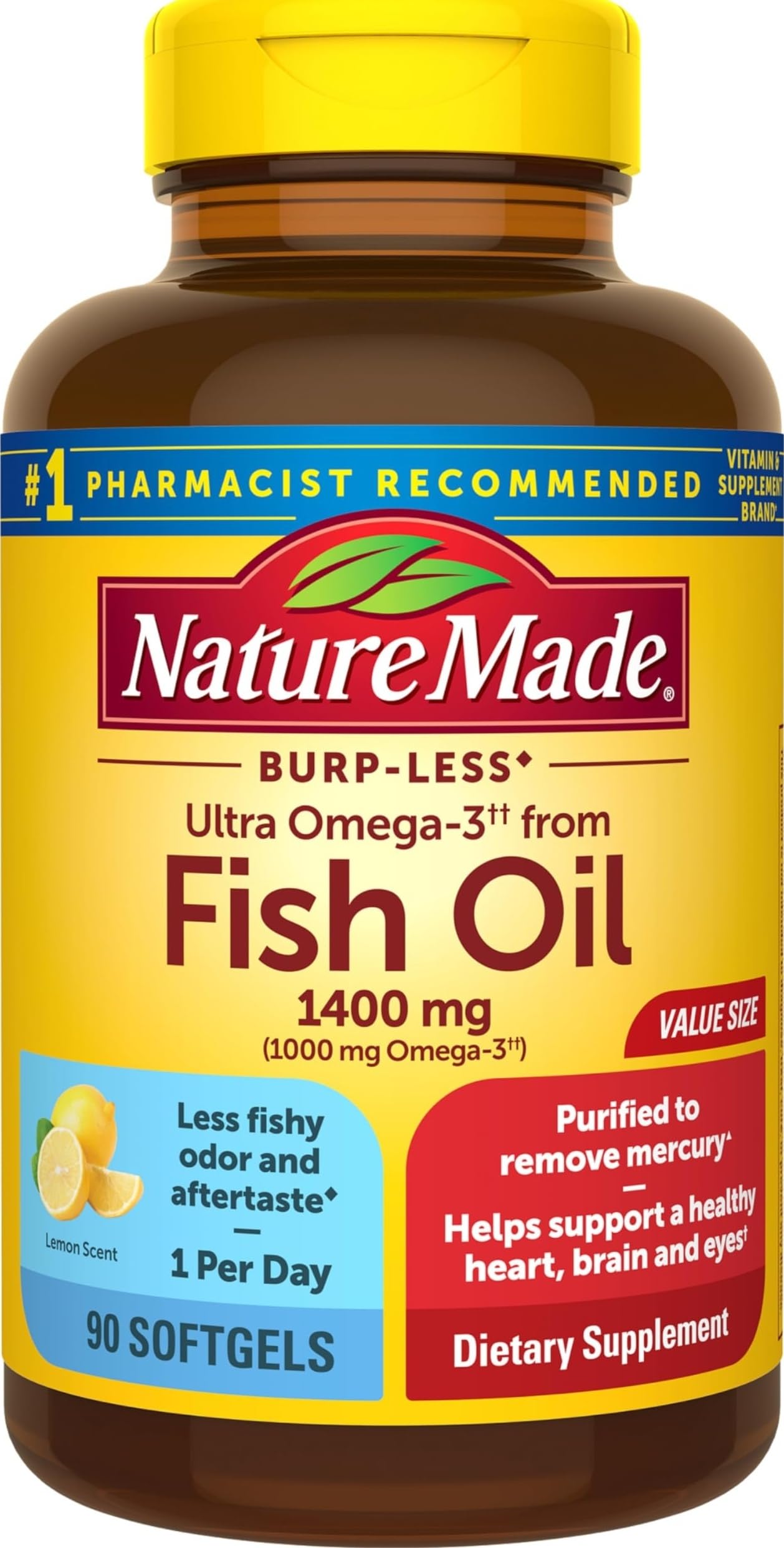 Nature Made frasco frontal mostrando 90 cápsulas y beneficios
