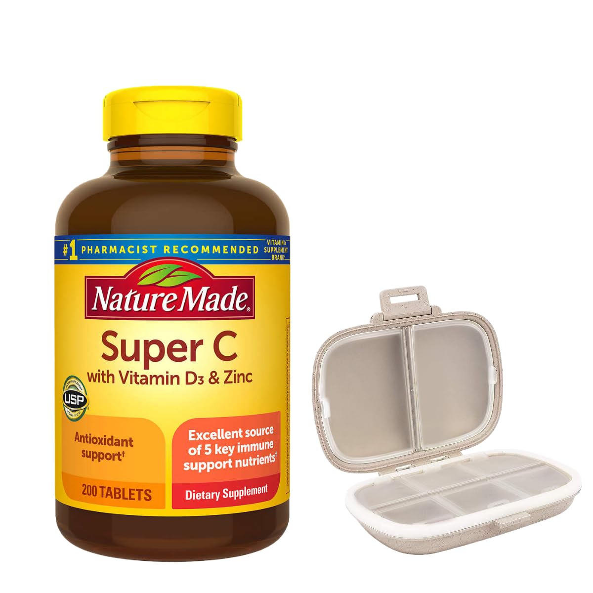 Nature Made frasco Super C frontal con etiquetado claro y formato 200 tabletas