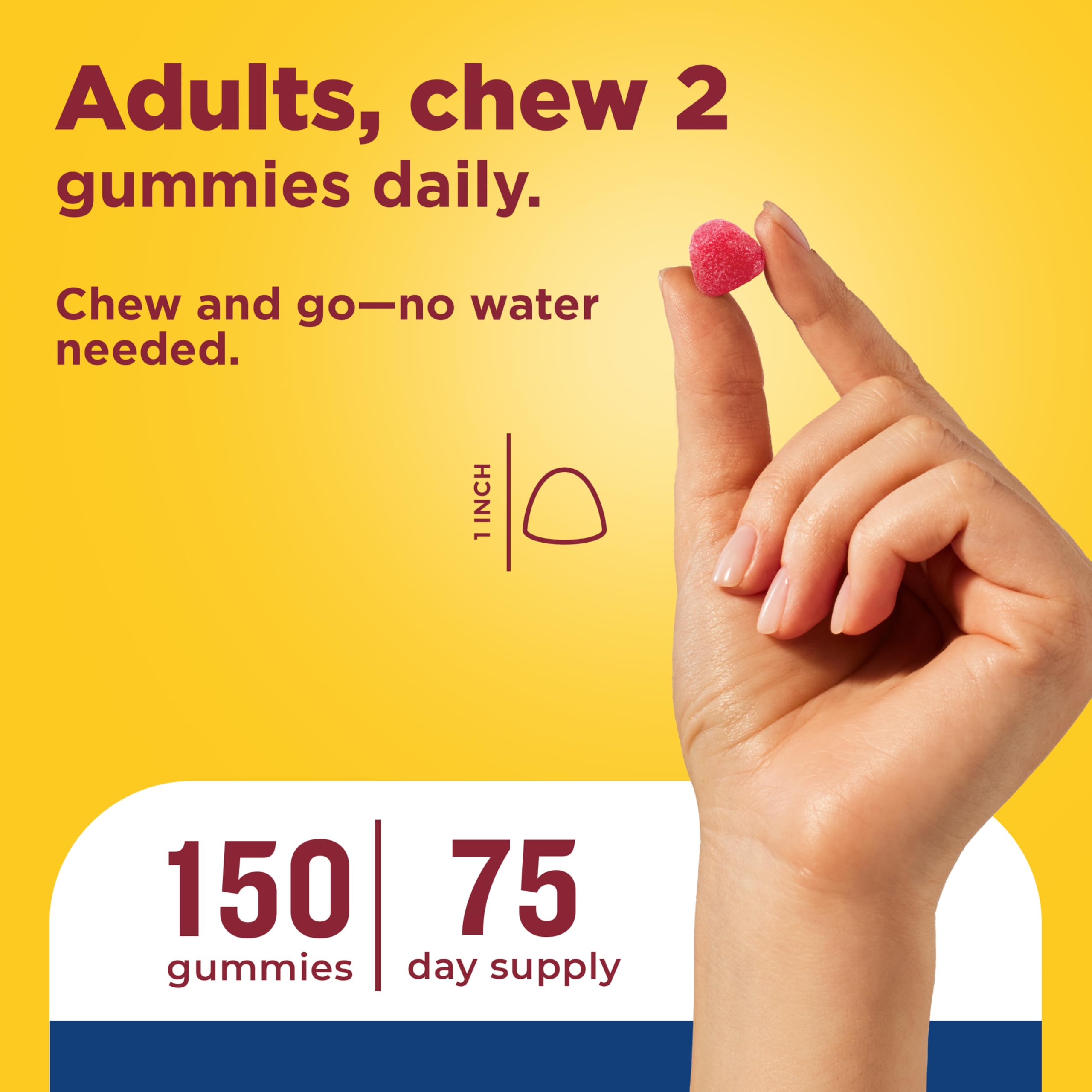 Nature Made hand holding a gummy illustrating chewable convenience