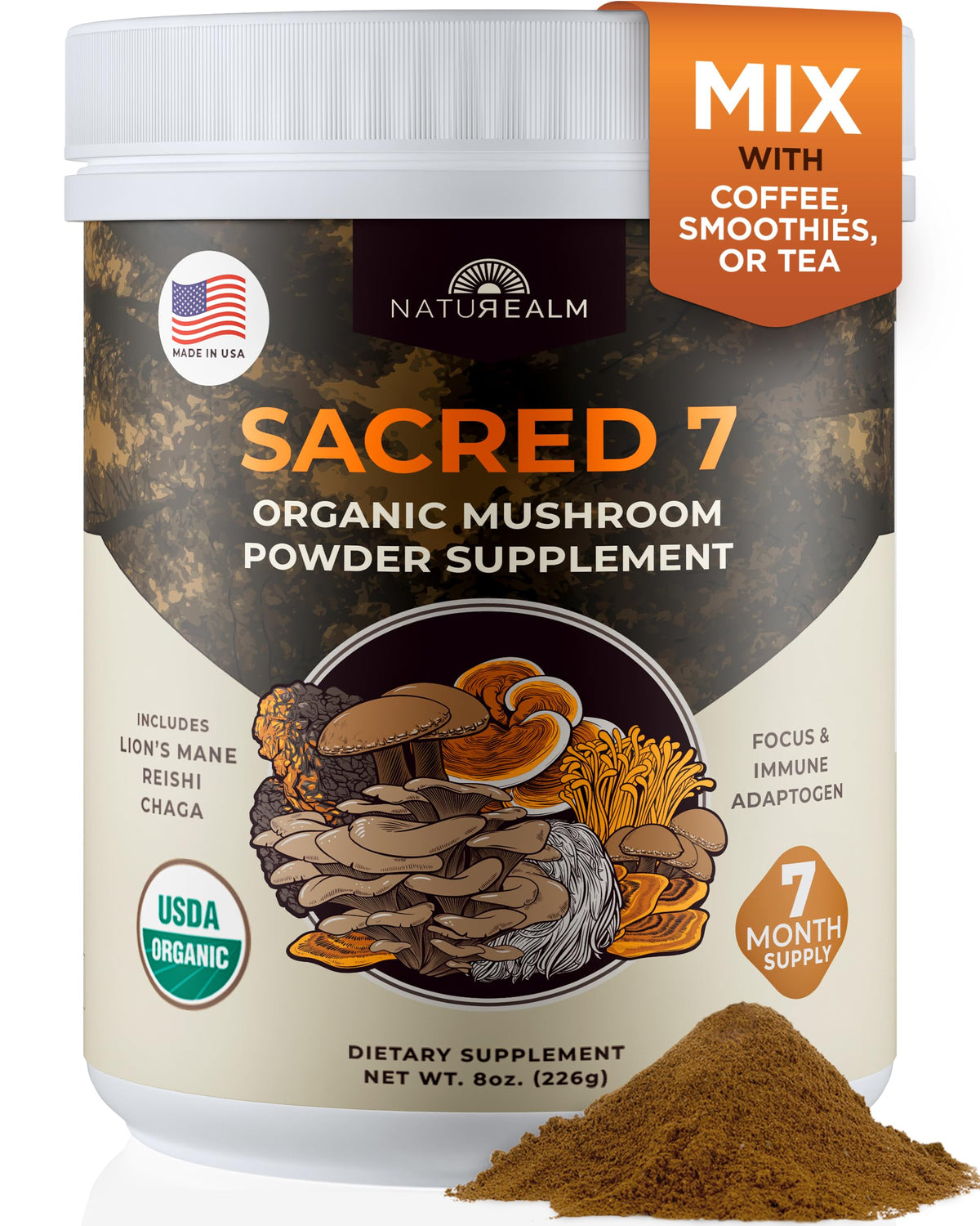 Naturealm Sacred 7 front jar view showing full container and branding benefit clarity