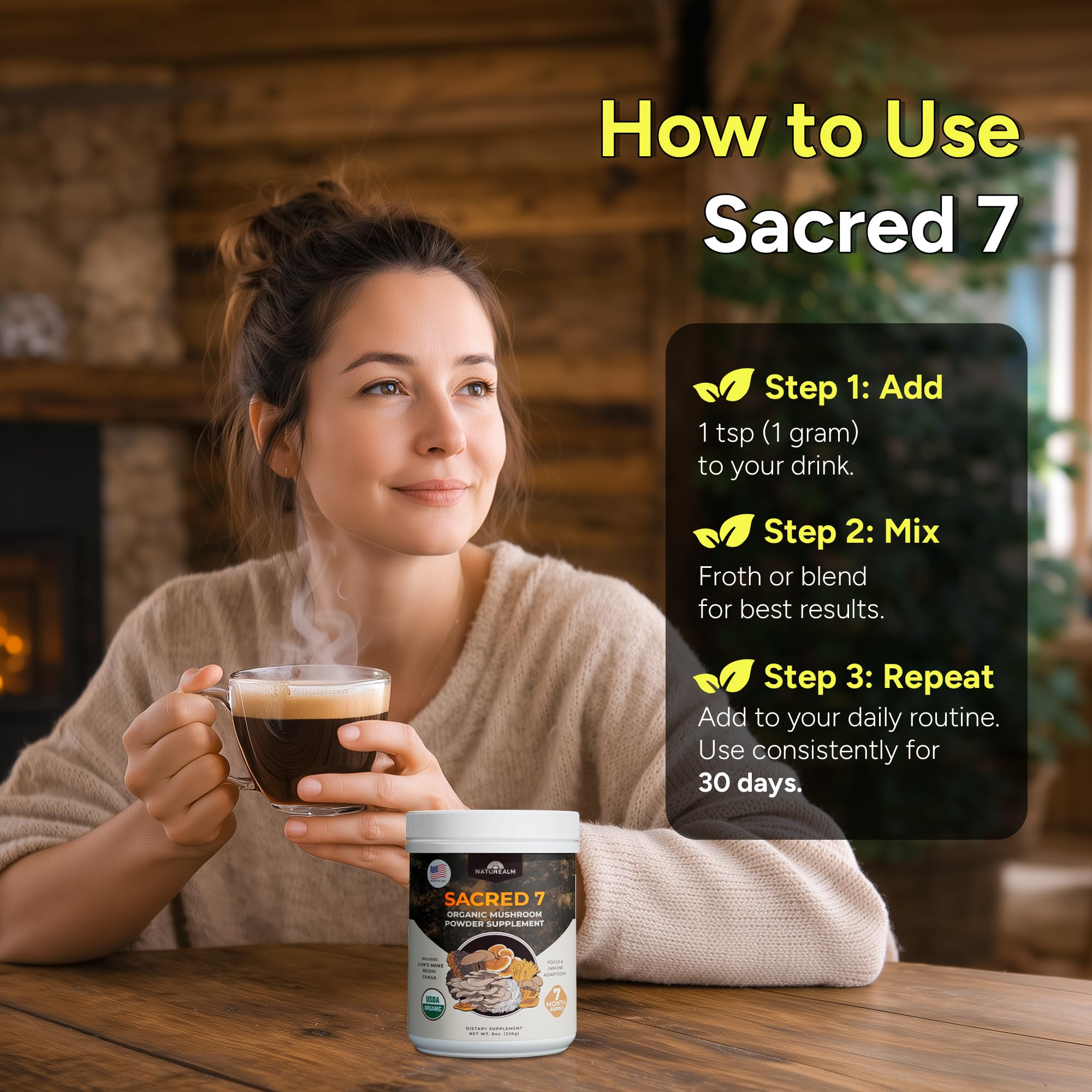 Naturealm Sacred 7 scoop beside ruler for serving size and portion control benefit