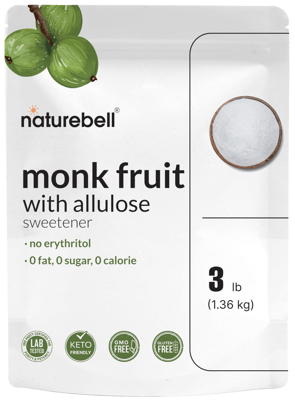 NatureBell envase frontal mostrando 3 libras y beneficio de 0 calorías
