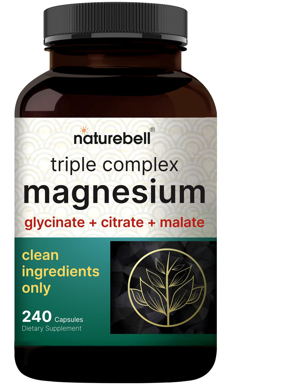 NatureBell frasco frontal del Triple Magnesium Complex mostrando etiquetado claro y beneficio de duración
