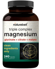 NatureBell frasco frontal del Triple Magnesium Complex mostrando etiquetado claro y beneficio de duración