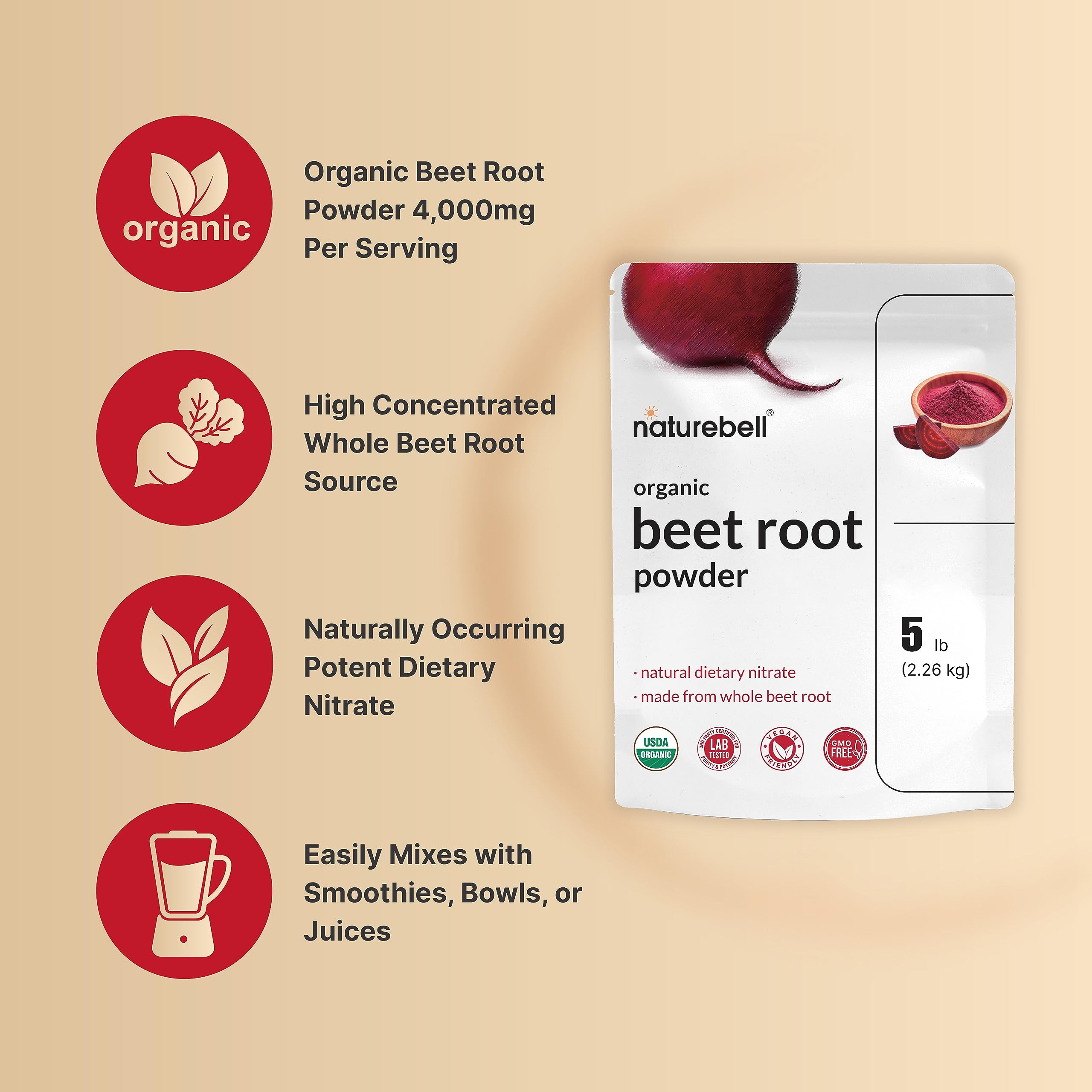 NatureBell polvo en batido rojo vibrante, mezcla rápida y nutritiva