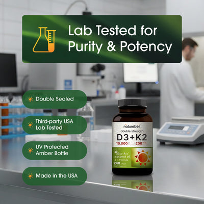 NatureBell bottle open on table displaying loose softgels for daily use convenience
