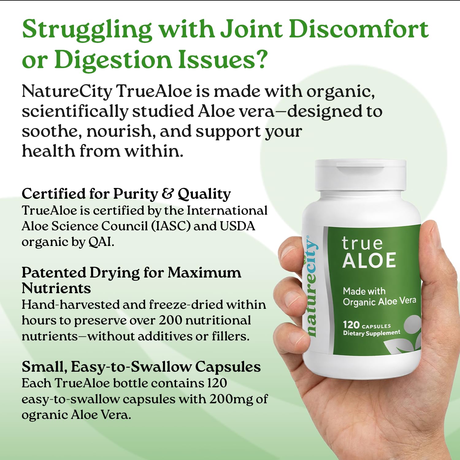 NatureCity cápsulas TrueAloe primer plano, fácil de tragar y sin aditivos