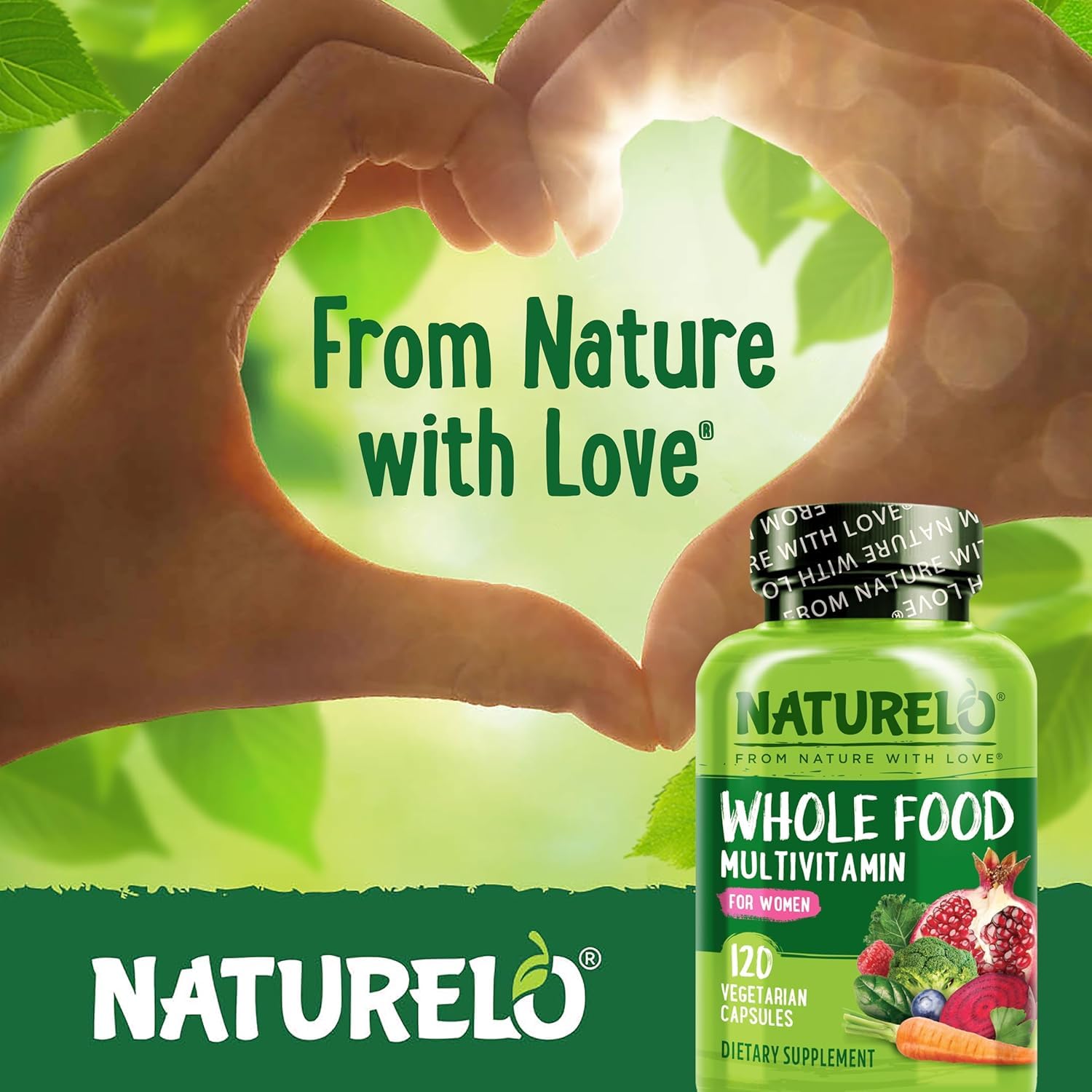 NATURELO frasco abierto con cápsulas dispersas ilustrando contenido y uso