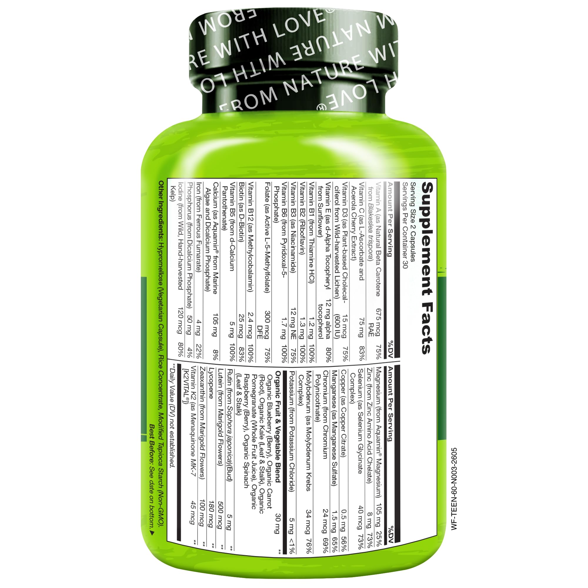 NATURELO etiqueta nutricional cercana mostrando vitaminas activas y minerales