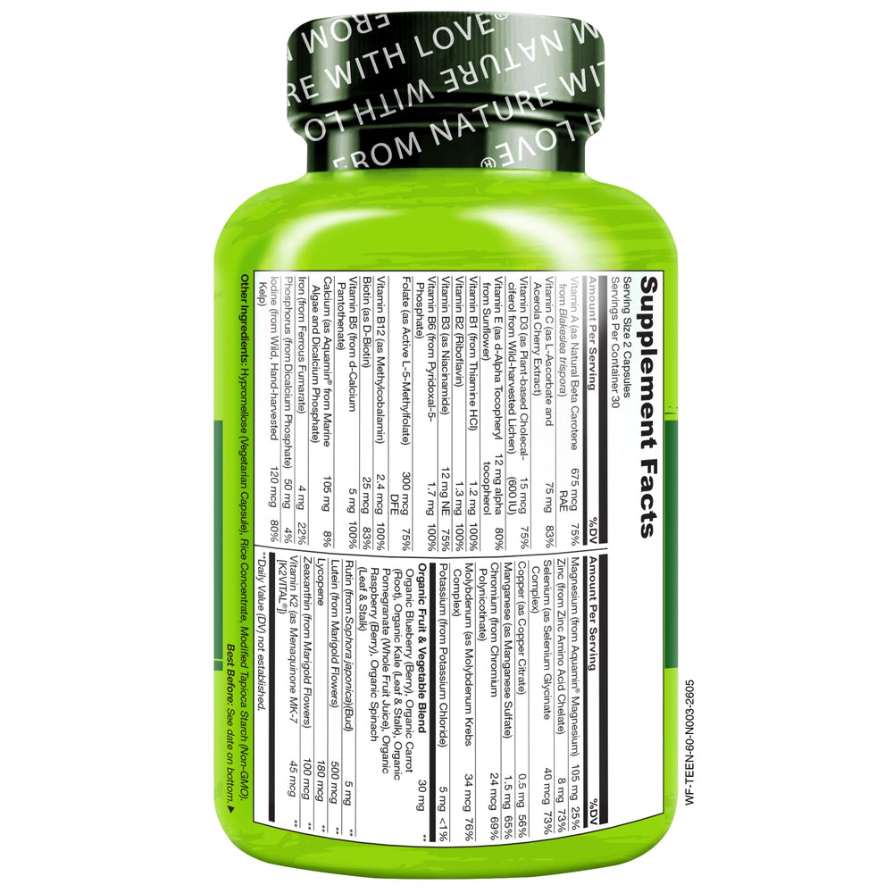 NATURELO etiqueta nutricional cercana mostrando vitaminas activas y minerales