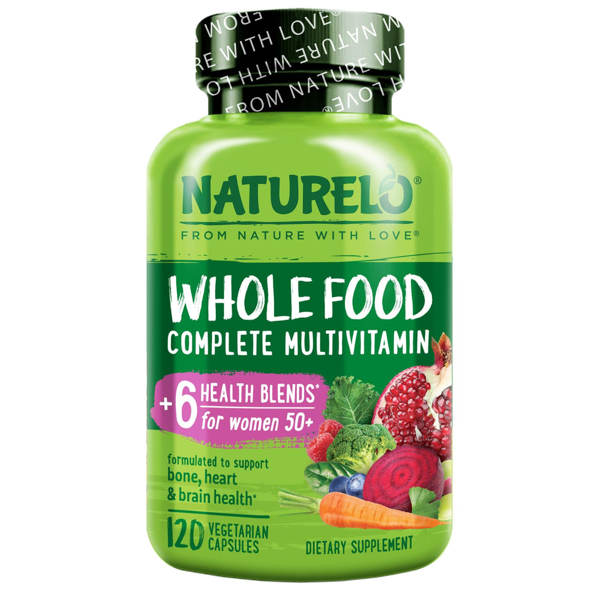 NATURELO envase frontal multivitamínico mujer 50+ con diseño claro y beneficios