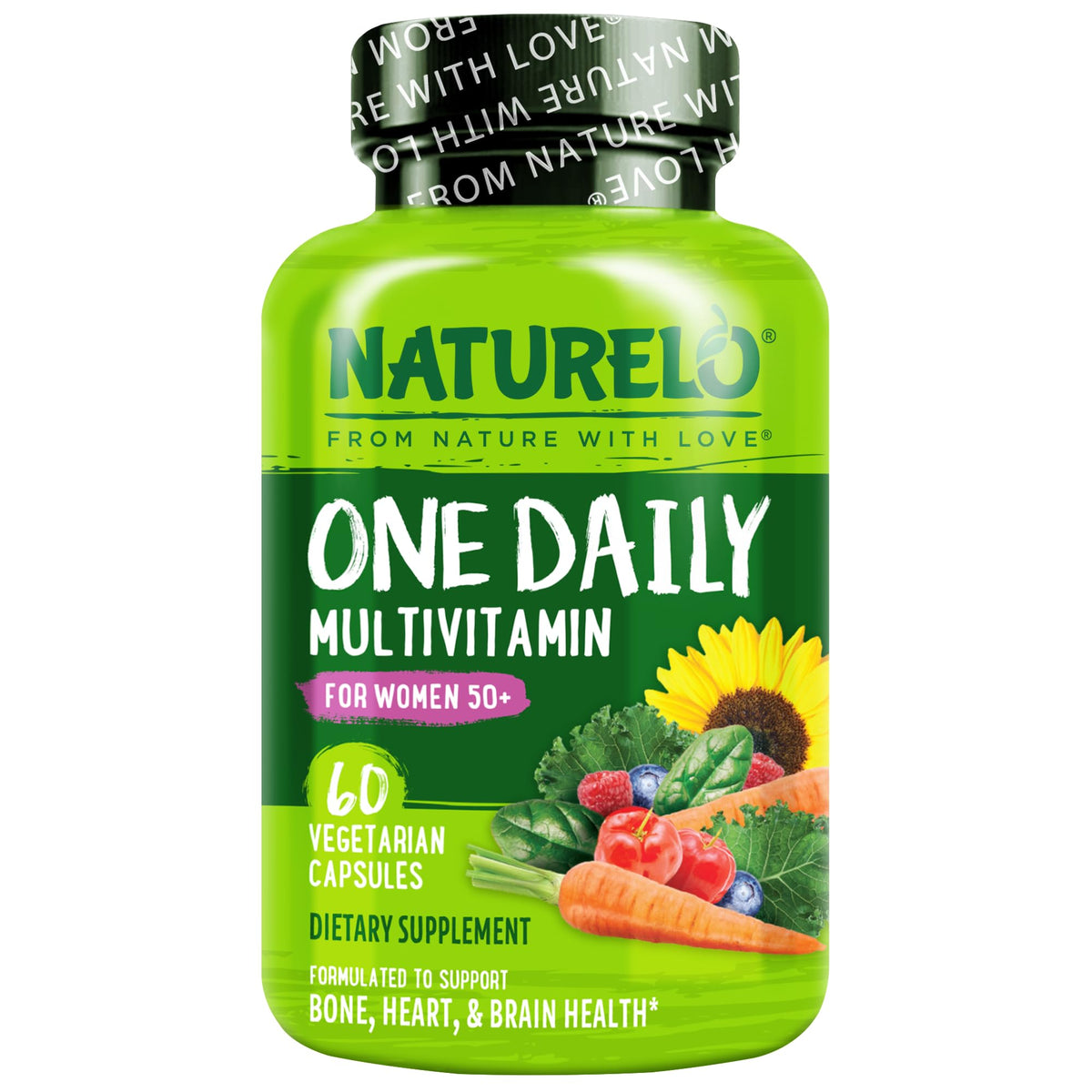 NATURELO frente del envase mostrando 60 cápsulas y beneficio de fórmula vegana
