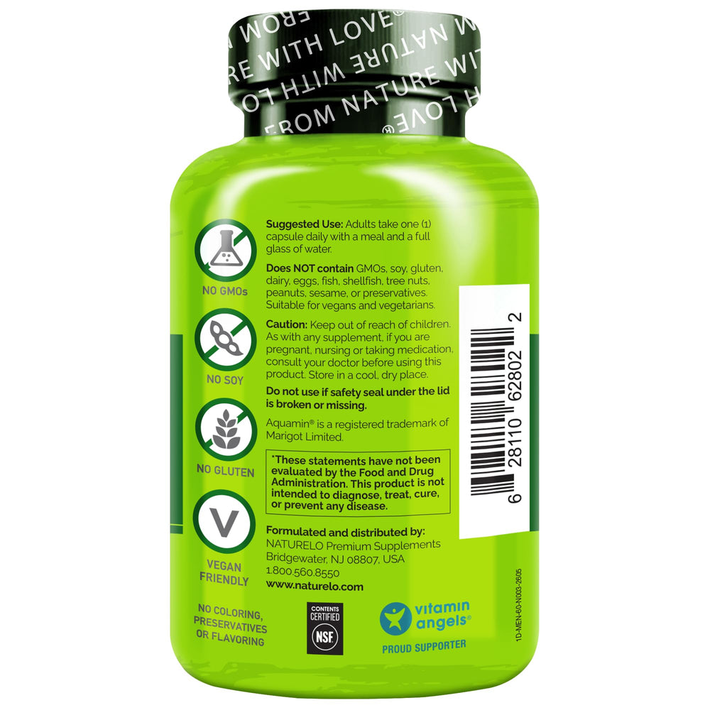NATURELO vegan and non-GMO certification badges highlighting purity