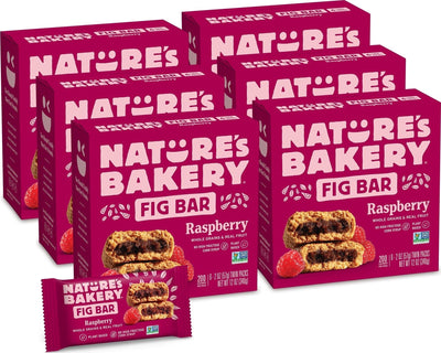 Nature's Bakery frontal del empaque mostrando pack de frambuesa y trigo integral, práctico para llevar