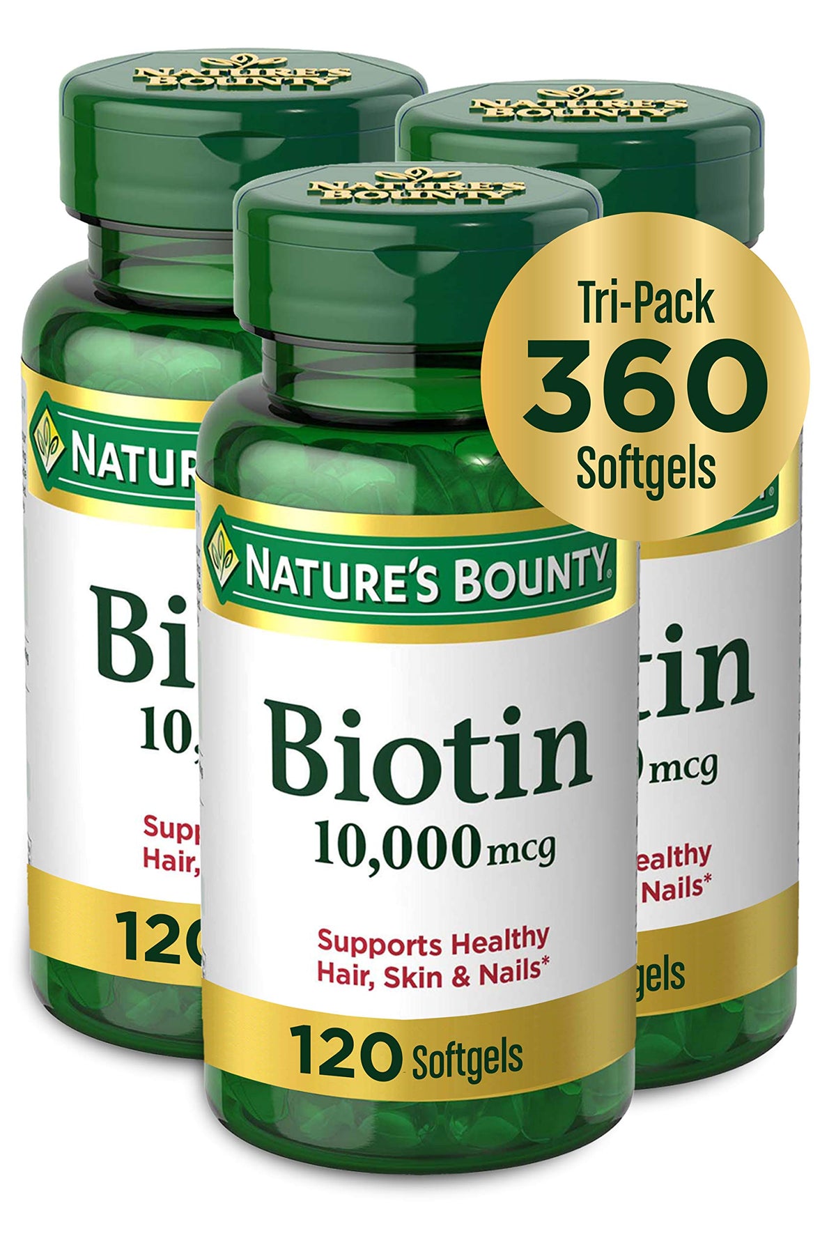 Nature's Bounty envase frontal mostrando biotina 10.000 mcg y beneficios