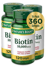 Nature's Bounty envase frontal mostrando biotina 10.000 mcg y beneficios