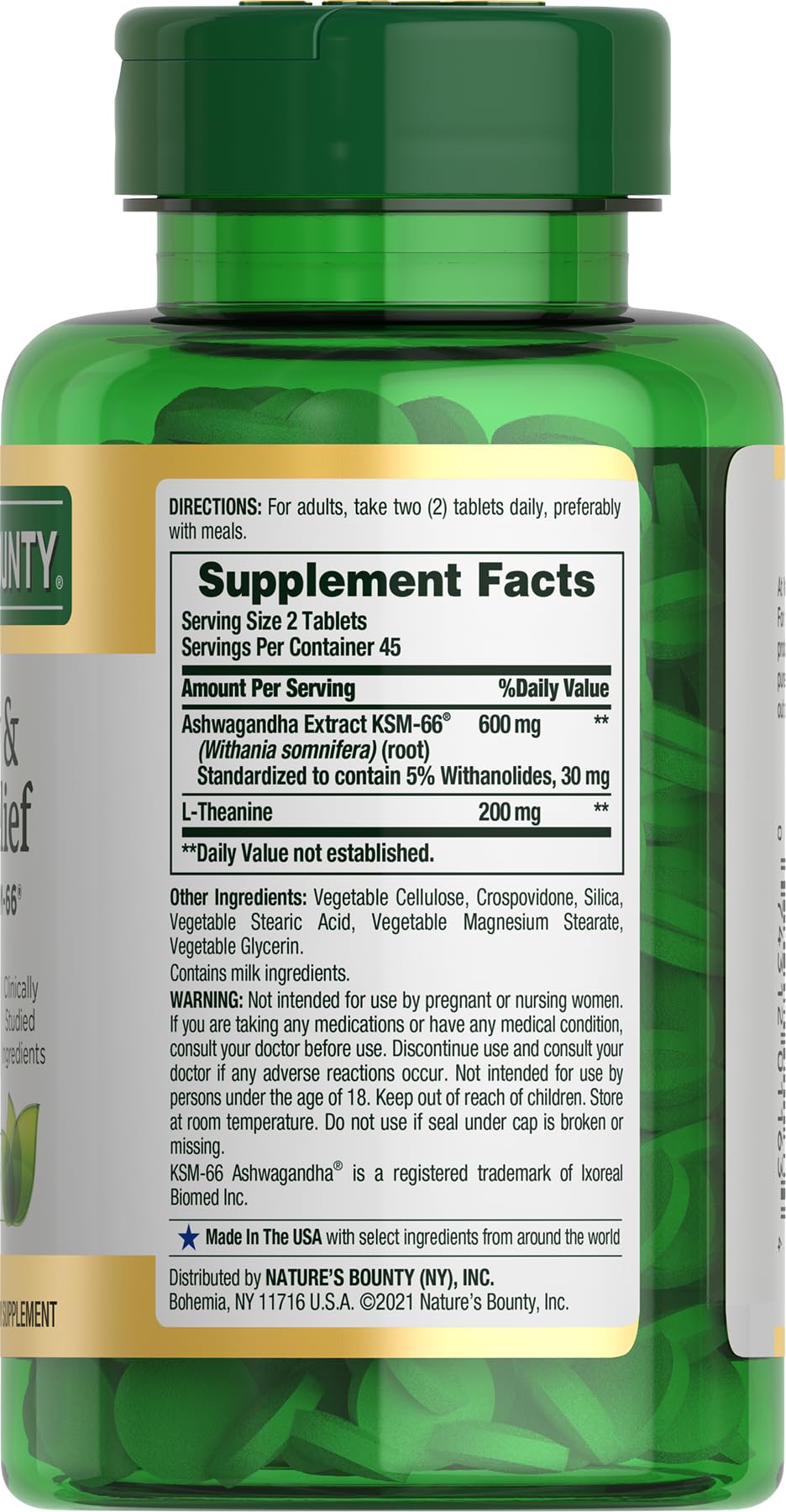 Nature's Bounty etiqueta con KSM-66 y L-Theanine destacando ingredientes