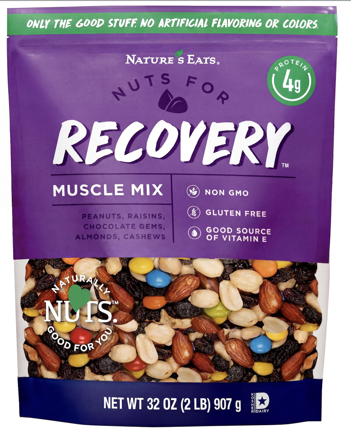 Nature's Eats envase frontal Recovery Muscle Mix 32 oz mostrando etiqueta y beneficios