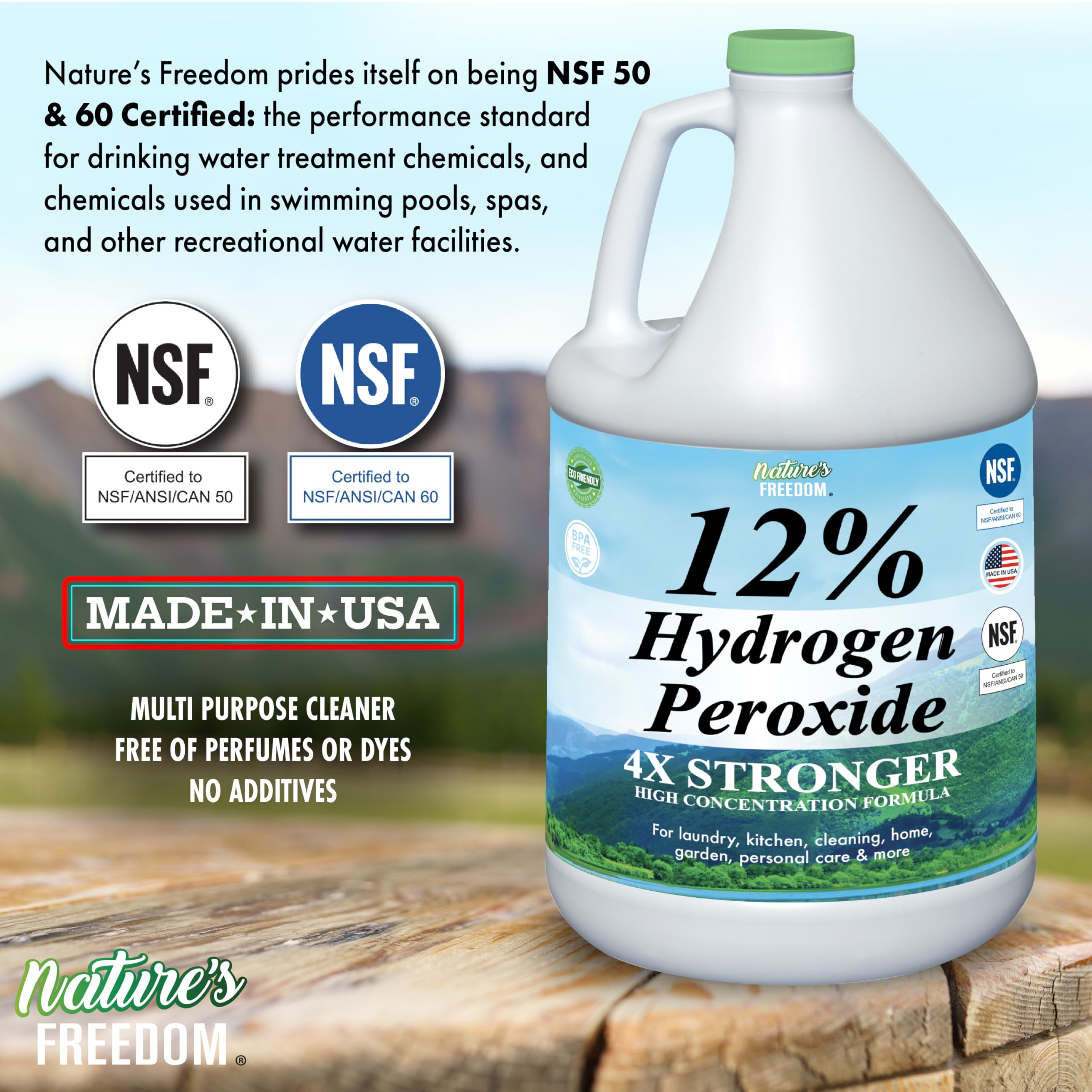 Nature's Freedom etiqueta con certificaciones NSF visible y confianza