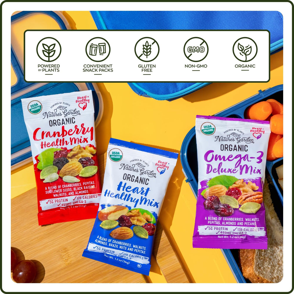 Nature's Garden opened pouch spilling trail mix illustrating easy snacking