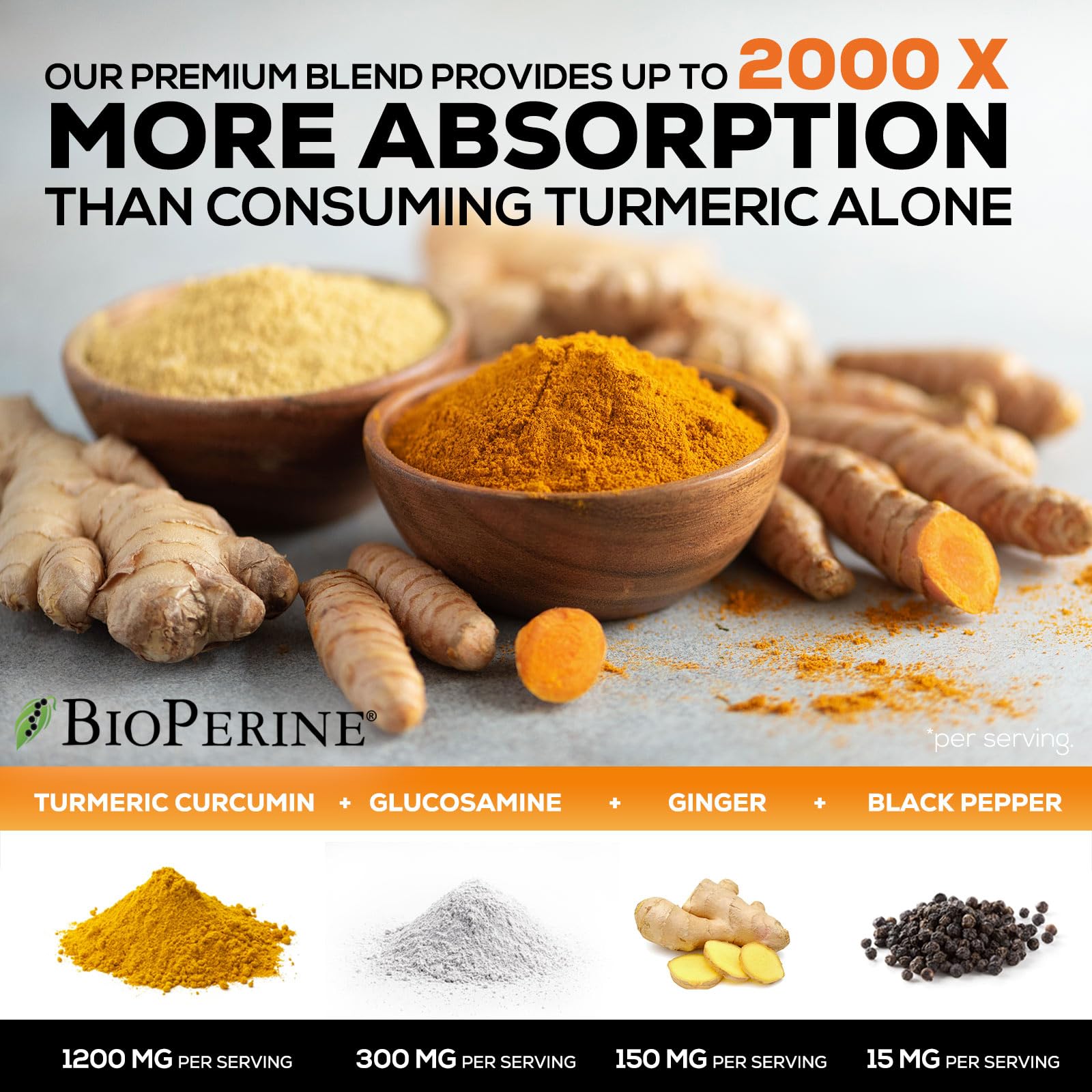 Nature's Nutrition jengibre y glucosamina representados como ingredientes clave