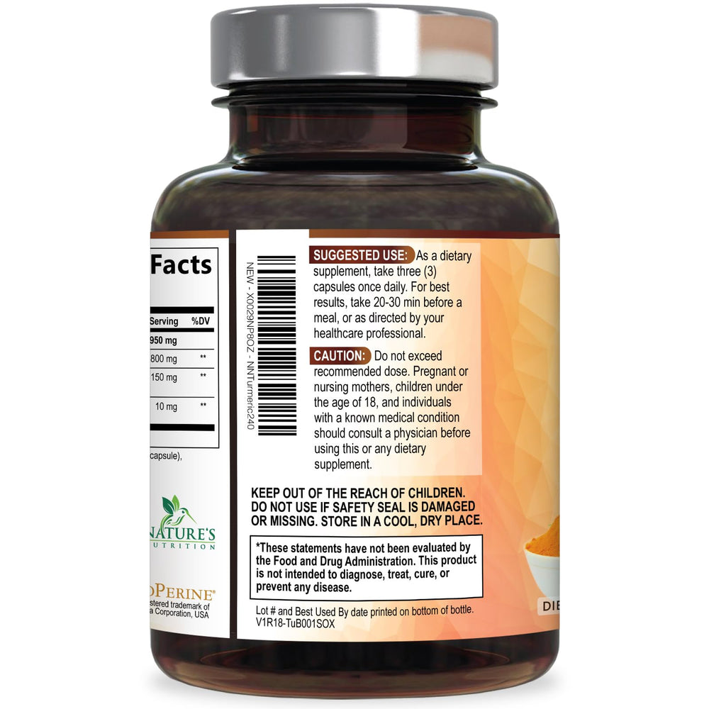 Nature's Nutrition raíces y polvo orgánico de cúrcuma destacando origen