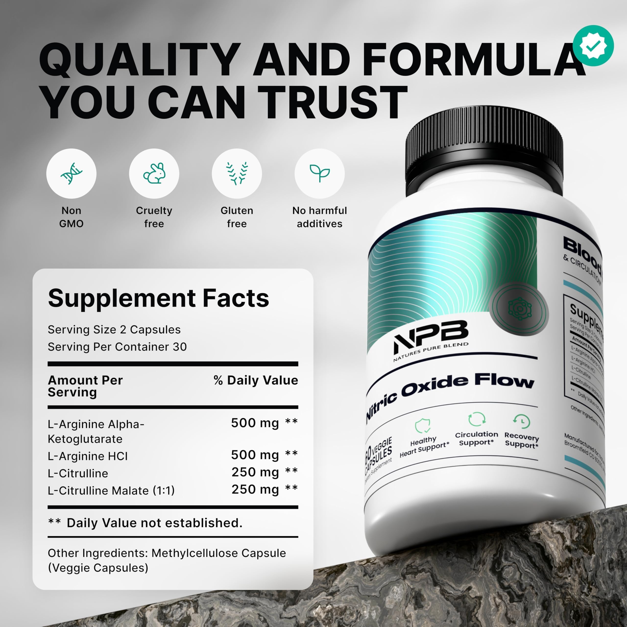 Nature's Pure Blend tabletas en primer plano para ver textura y pureza