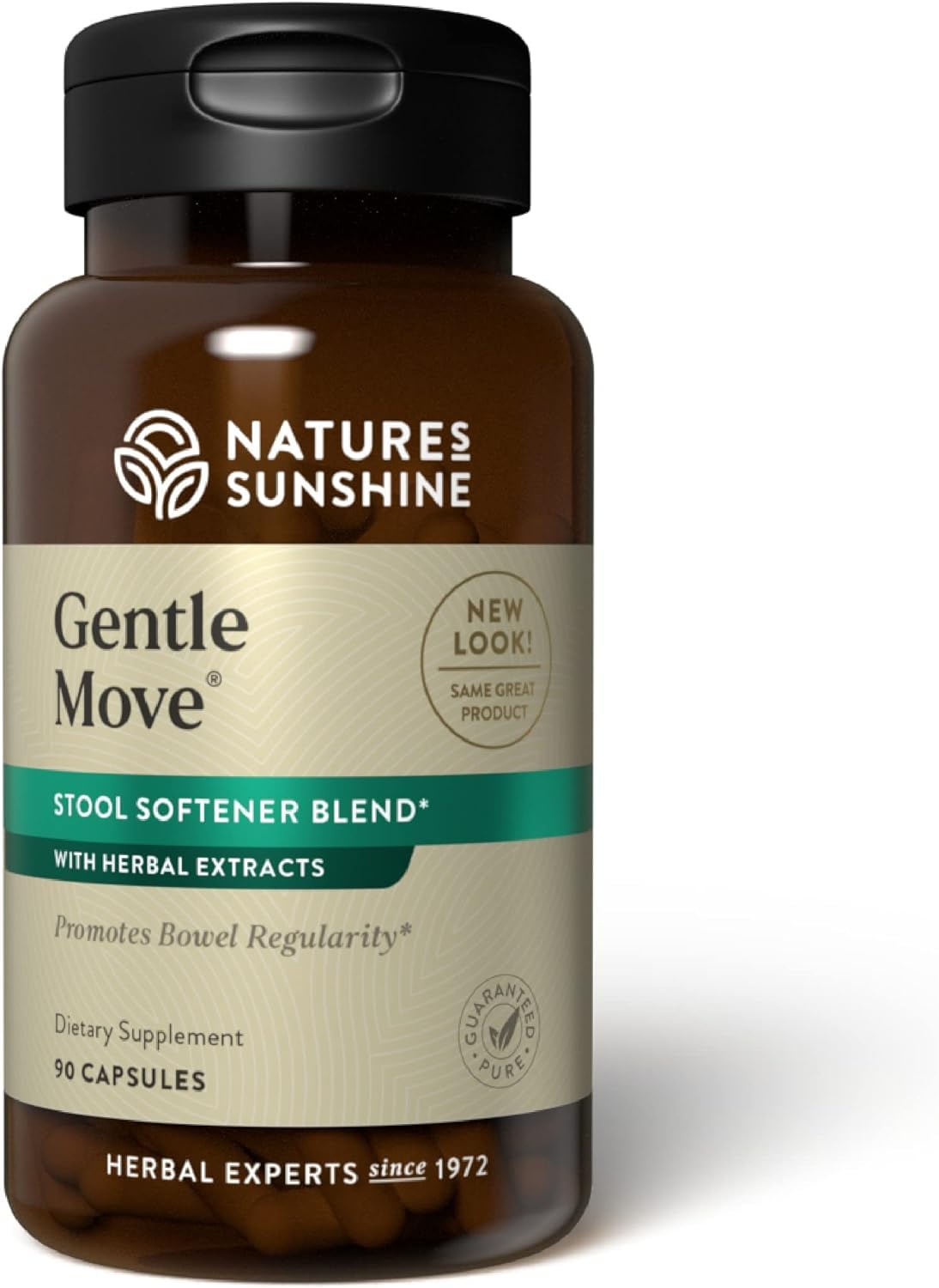 Nature's Sunshine frasco Gentle Move frontal mostrando 90 cápsulas, facilidad de uso