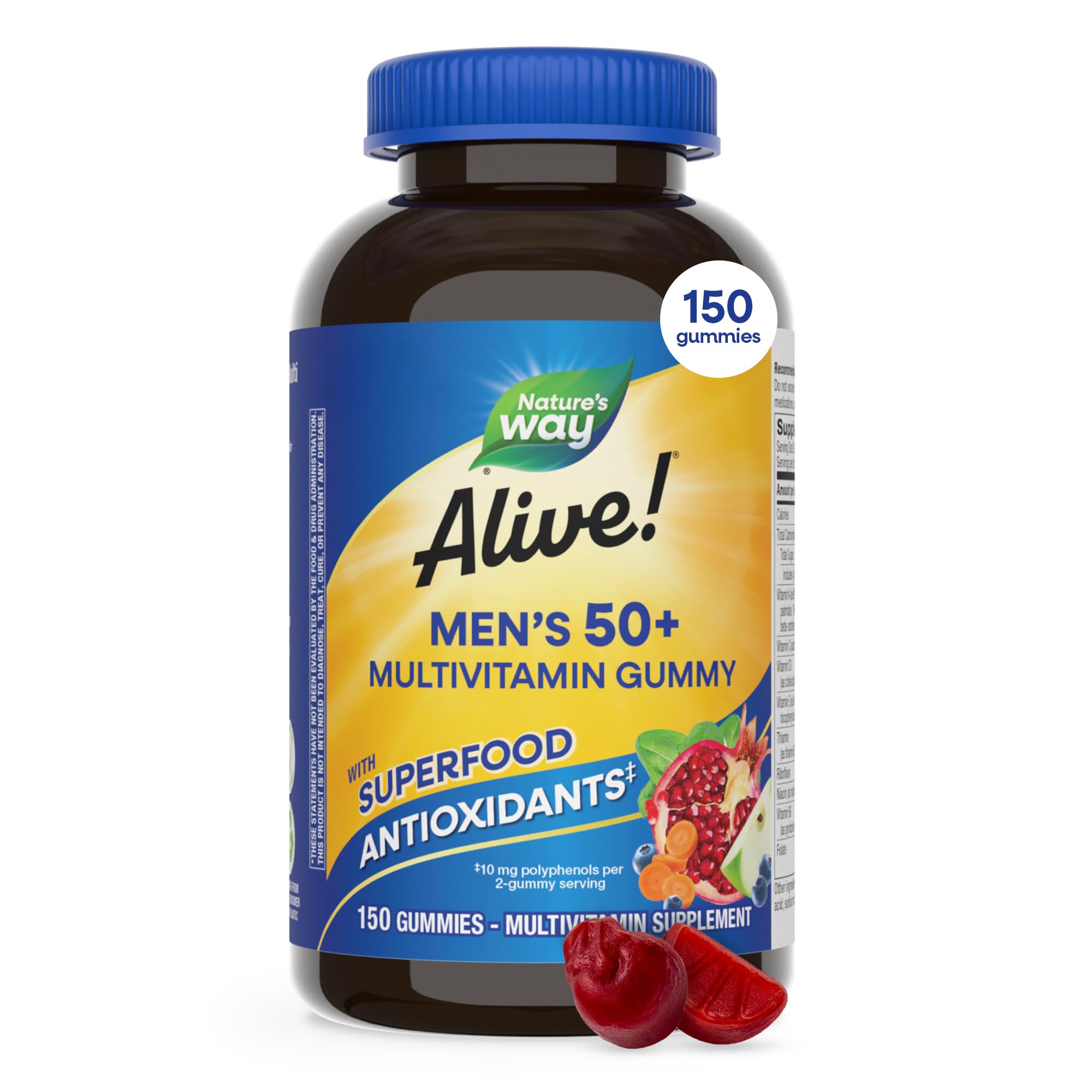 Nature's Way empaque frontal de Alive! Men’s 50+ mostrando 150 gomitas y beneficios
