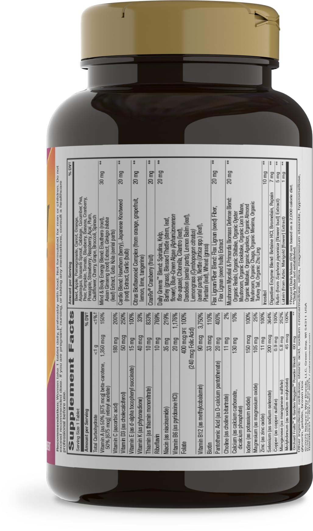 Nature's Way frasco en cocina entre frutas para contexto de estilo de vida saludable